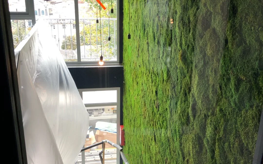 Installation d’un mur végétal stabilise en mousse dans une cage d’escalier pour une ambiance de sous bois